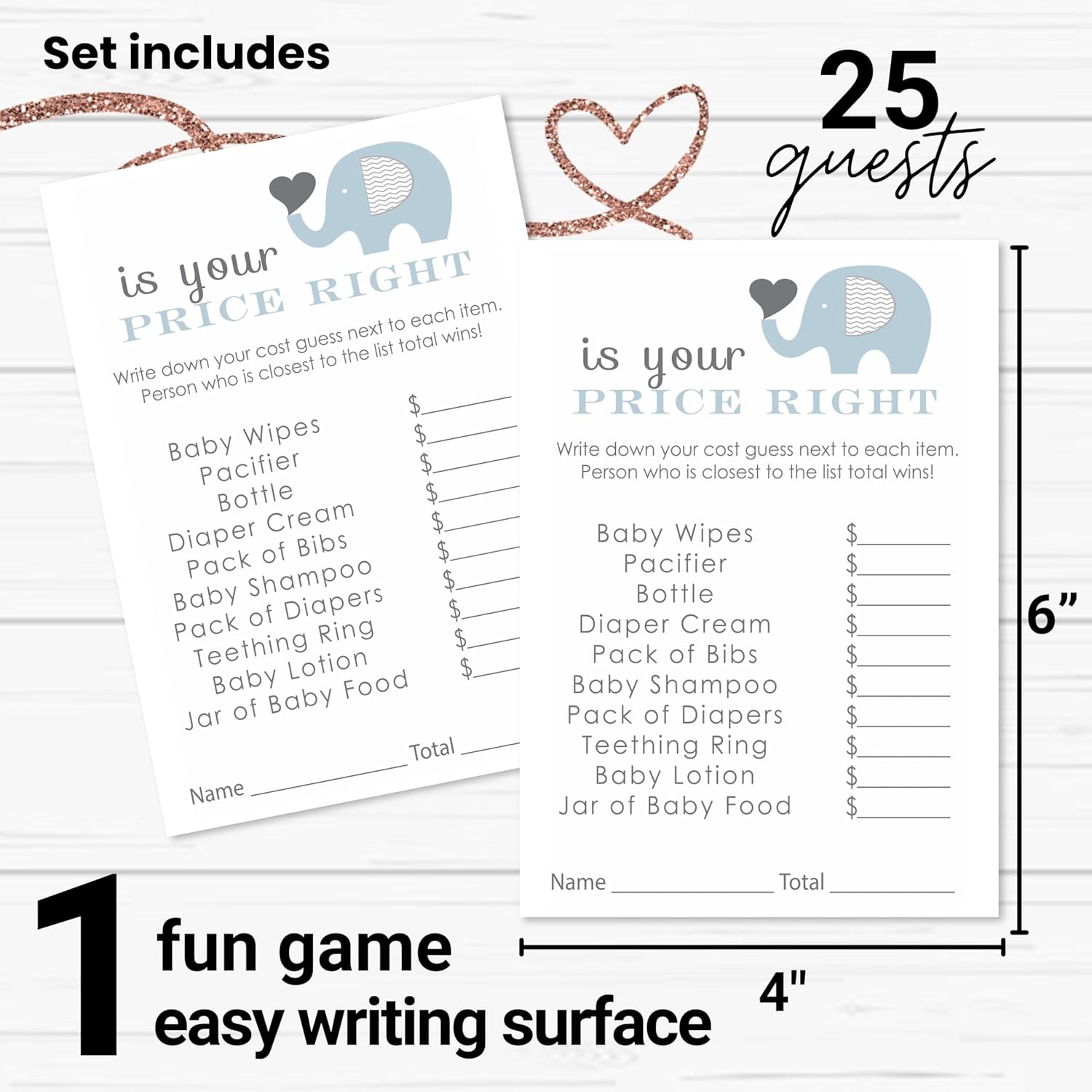 Blue Elephant Baby Shower Games - The Price Is Right Game - 25 Cards - Activities For Guests - Jungle Animal Theme For Boy Baby Shower - Ideas For Couples & Gender Reveal