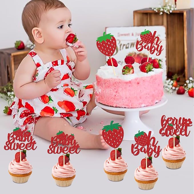 Oh Baby Cupcake Toppers - 36Pcs Glitter Strawberry Shortcake Decorations For Baby Shower Cupcake Decor