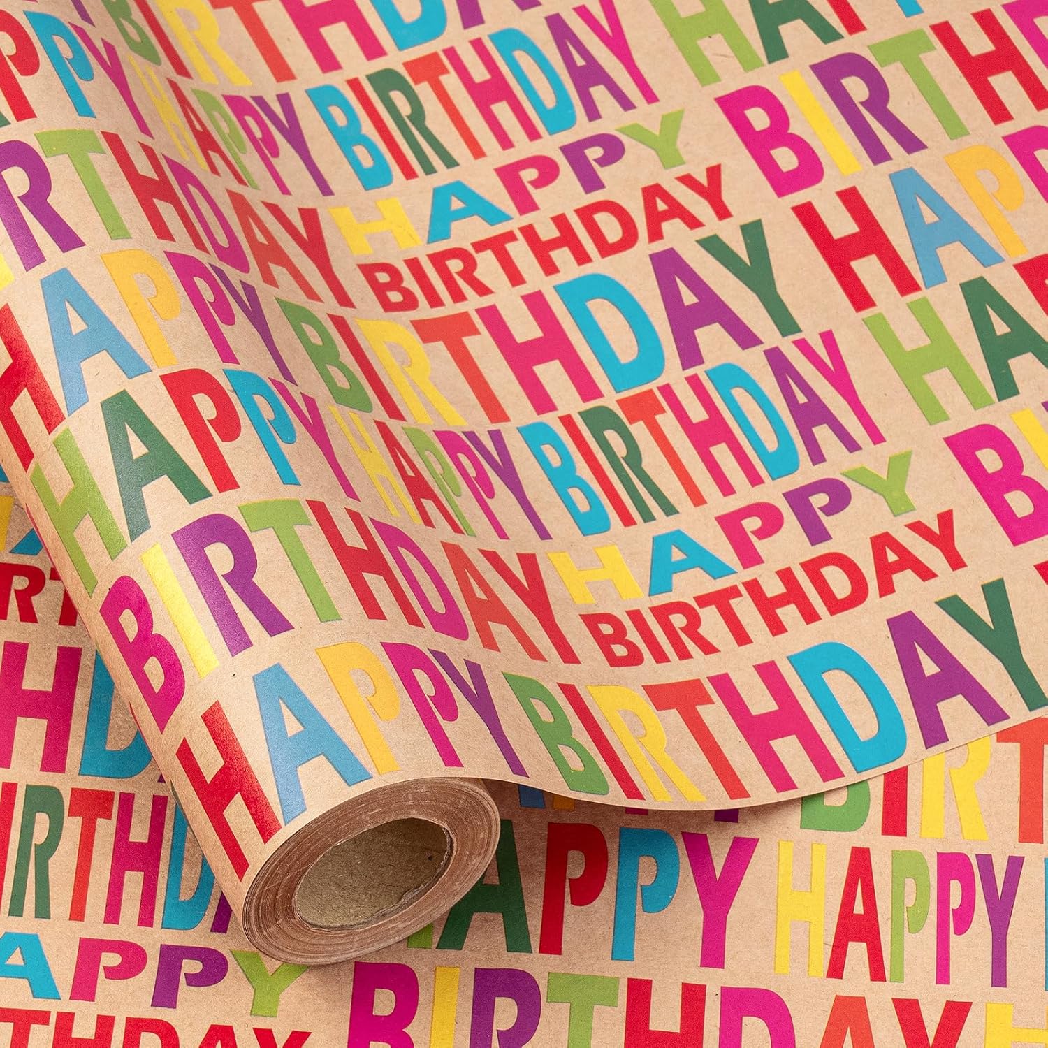 Kraft Wrapping Paper Roll - Mini Roll - Colorful Text Happy Birthday Design Great For Birthday, Party, Baby Shower - 17 Inches X 32.8 Feet