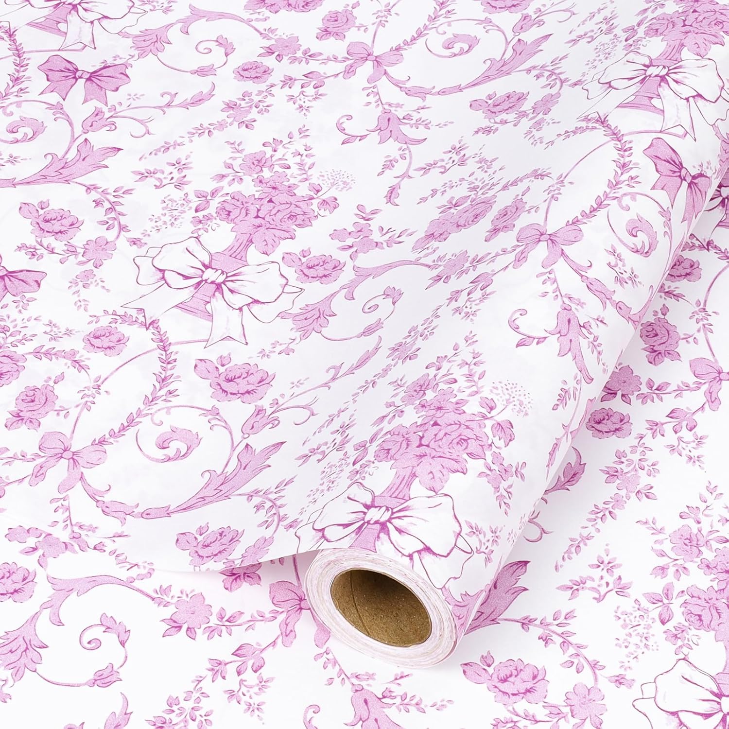 Pink Bow Floral Wrapping Paper Roll – 17 Inch X 33 Feet, Vintage Toile Stone Paper Design For Valentine'S Day, Wedding, Baby Girl Shower, Bridal Shower