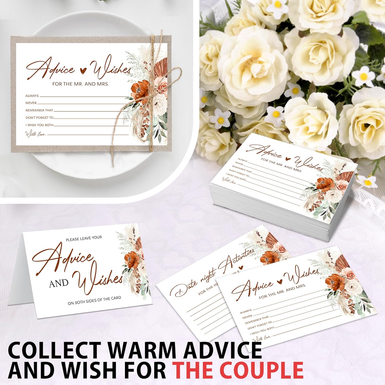 Boho Advice And Wishes For The Mr And Mrs - 50 Packs Wedding Advice Cards Bridal Shower Game Cards Reception Guest Book For Bride Groom Newlywed Engagement Party Decoration -A08