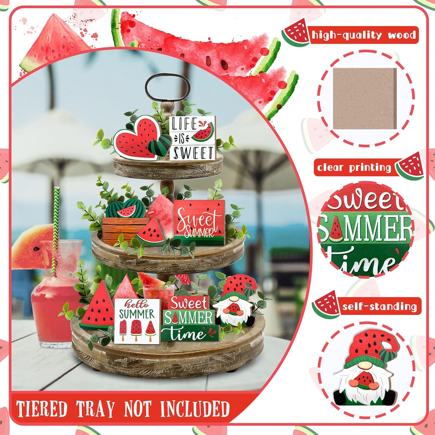 Summer Tiered Tray Decor, Farmhouse Watermelon Tray Decorations, Hello Summer Sweet Watermelon Gnome Wooden Signs, Rustic Summer Home Decor For Table Mantel Office Holiday Party