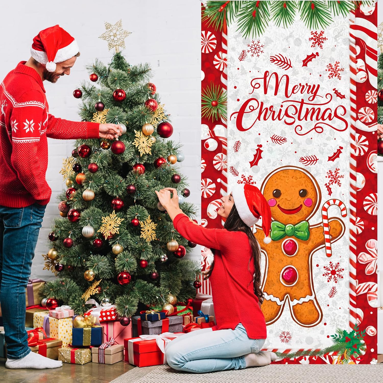 Merry Christmas Gingerbread Man Front Door Decorations Banner - Christmas Gingerbread House Peppermint Candy Cane Door Cover Banner For Xmas New Year Holiday Candy Party Supplies