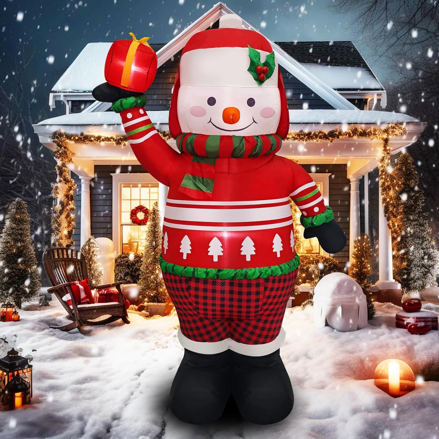 Christmas Inflatable Decoration 5.6 Ft Snowman Holding Gift Adorable Holiday Yard Decoration With Red Sweater, Hat & Pla