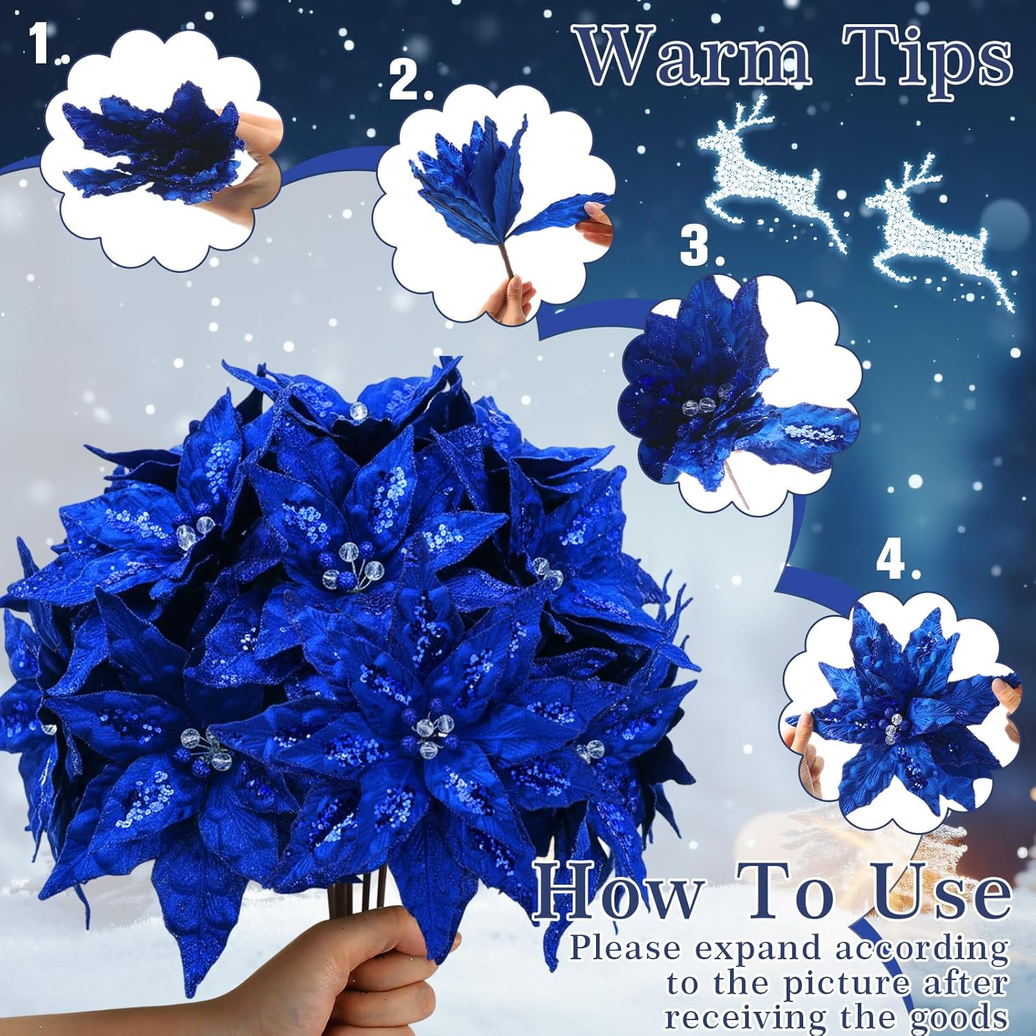8 Pcs Velvet Christmas Glitter Poinsettia Flowers 12'' Large Heads Artificial Poinsettia Flower Ornaments Picks Christmas Tree Decoration Fake For Xmas Ornament Wedding Holiday(Royal Blue)