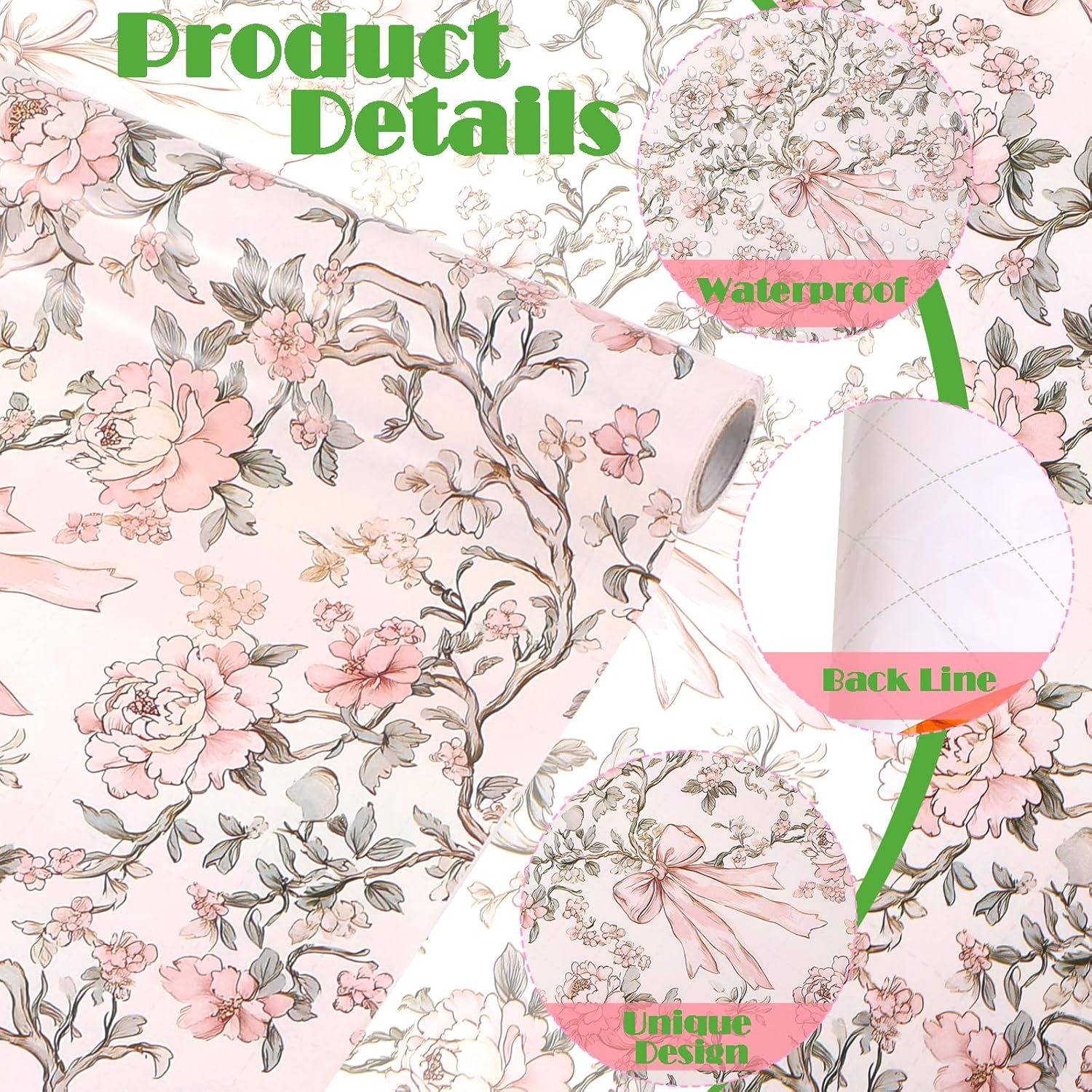 1 Roll Pink Bow And Flower Wrapping Paper Mini Roll - 17 In X 33 Ft - Coquette Vintage Floral Pink Bows Gift Wrap Paper For Valentine Birthday Wedding Baby Shower Engagement Bridal Shower