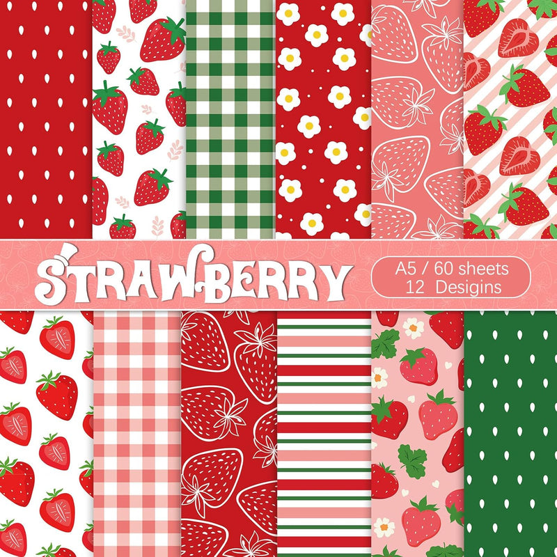 60 Pcs Strawberry Scrapbook Paper Strawberry Flower Plaids Pattern Paper Sweet