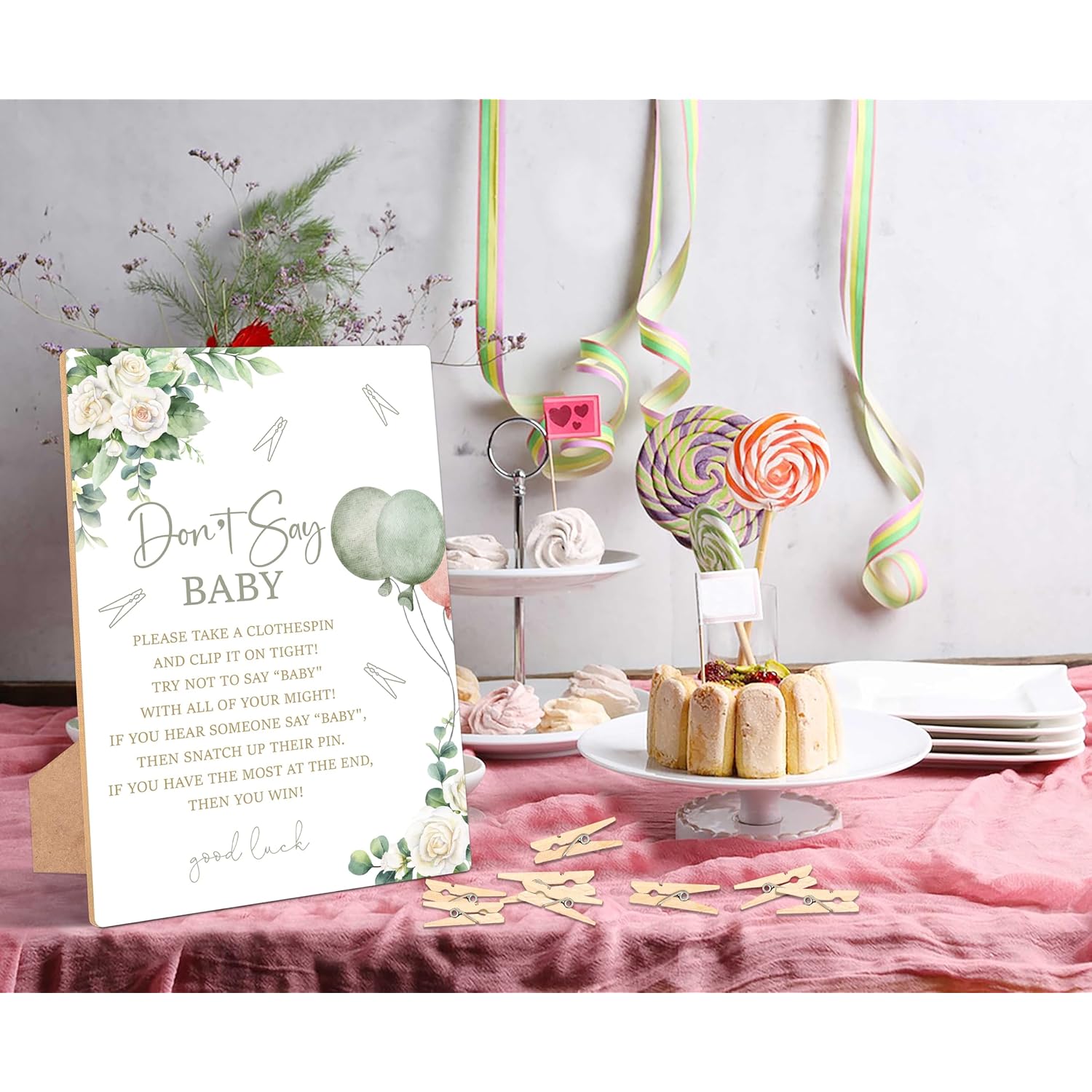 Sage Green Don'T Say Baby Clothespin Game, Pack Of 1 Wooden Tabletop Sign With Stand And 50 Mini Natural Clothespins, Greenery Floral Balloons Baby Shower Game, Gender Reveal Party Decorations - Qx08