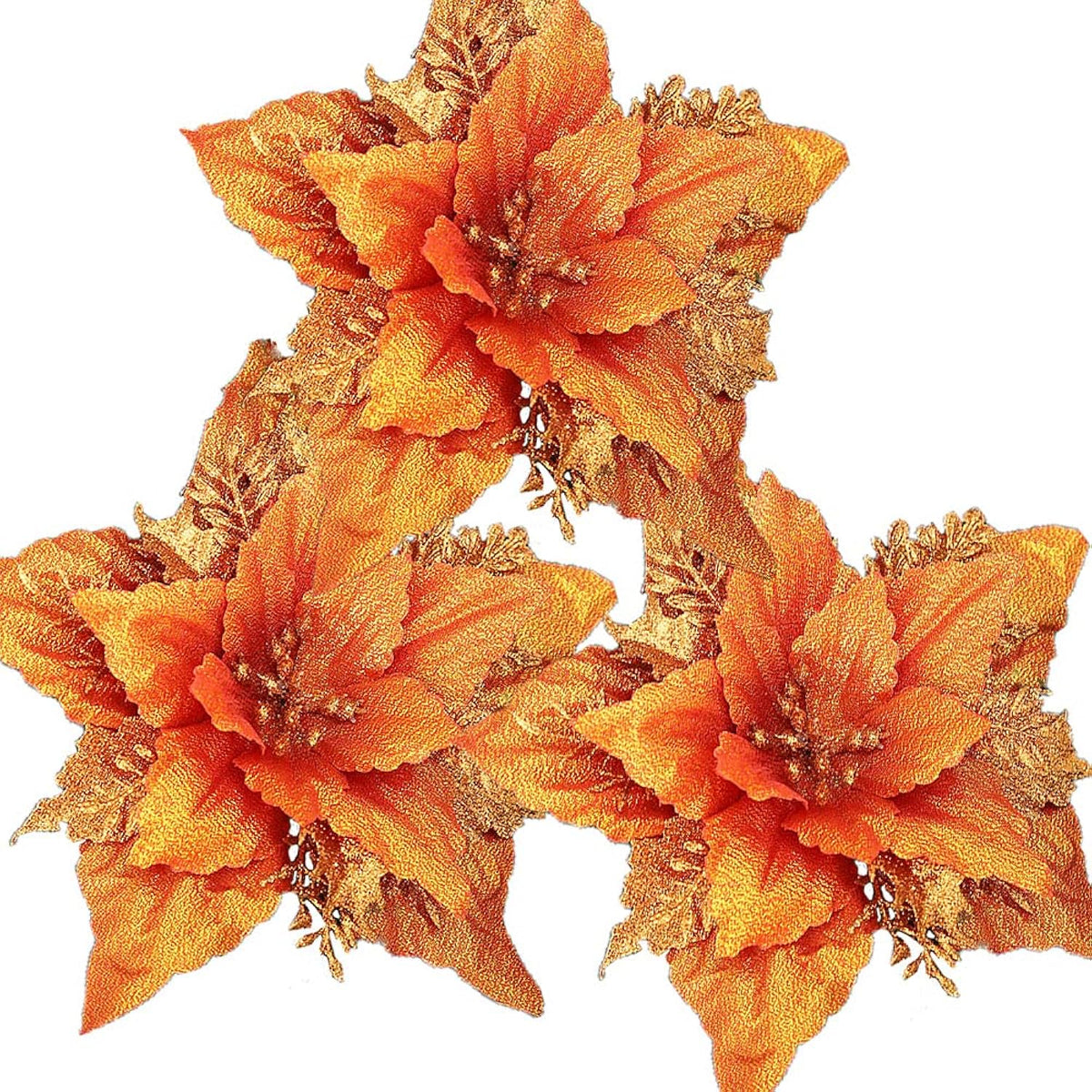 12Pcs Glitter Christmas Poinsettia Flowers 7 Inch Large Artificial Flower Ornament For Xmas Tree Wedding Birthday Festival Holiday Party Home Decoration (Orange)