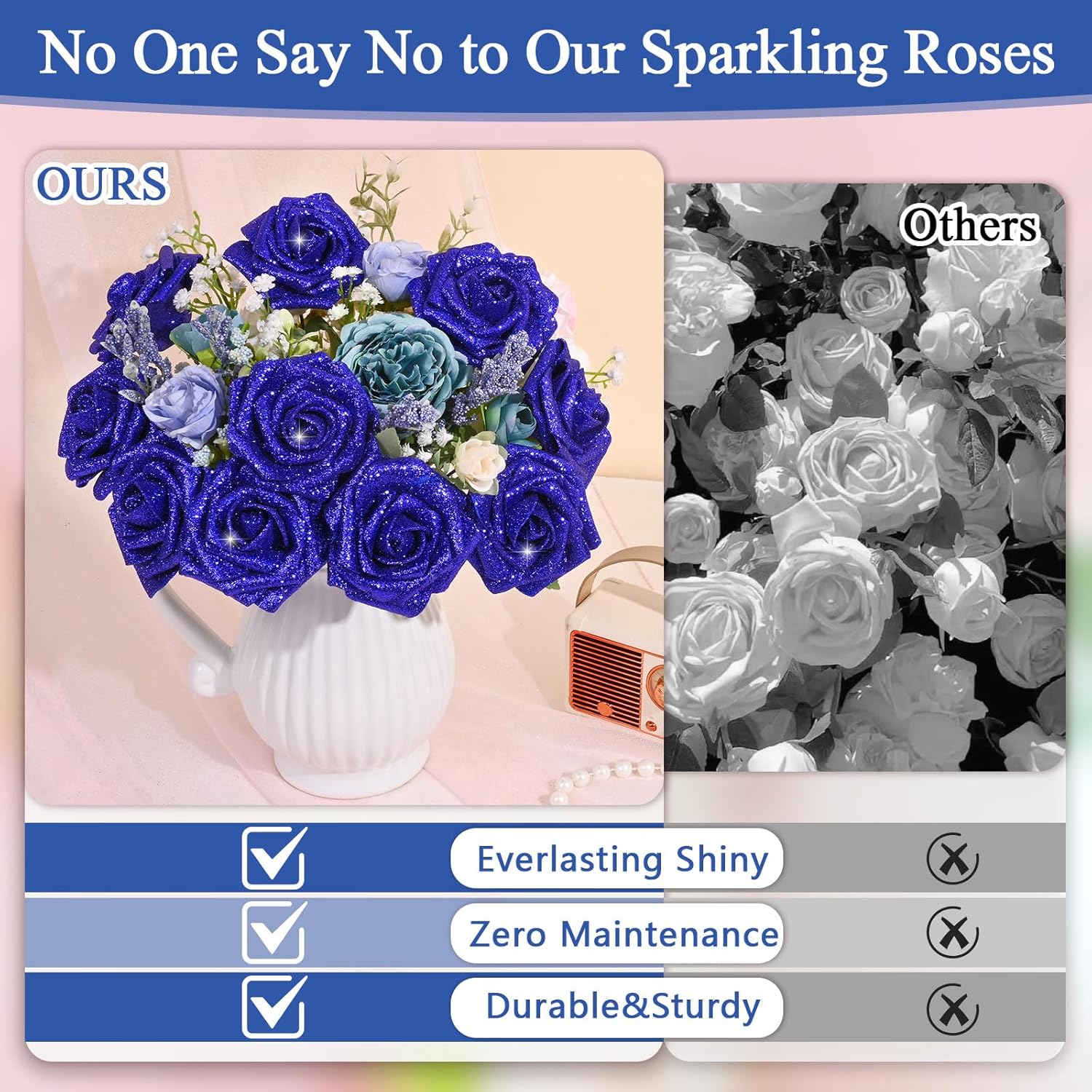 36Pcs Roses Artificial Flowers, Glitter Blue Roses Foam Flowers With Stems, Fake Flowers Glitter Foam Roses Bouquet For Diy Wedding Party Bridal Arrangements Table Centerpieces Home Decorations
