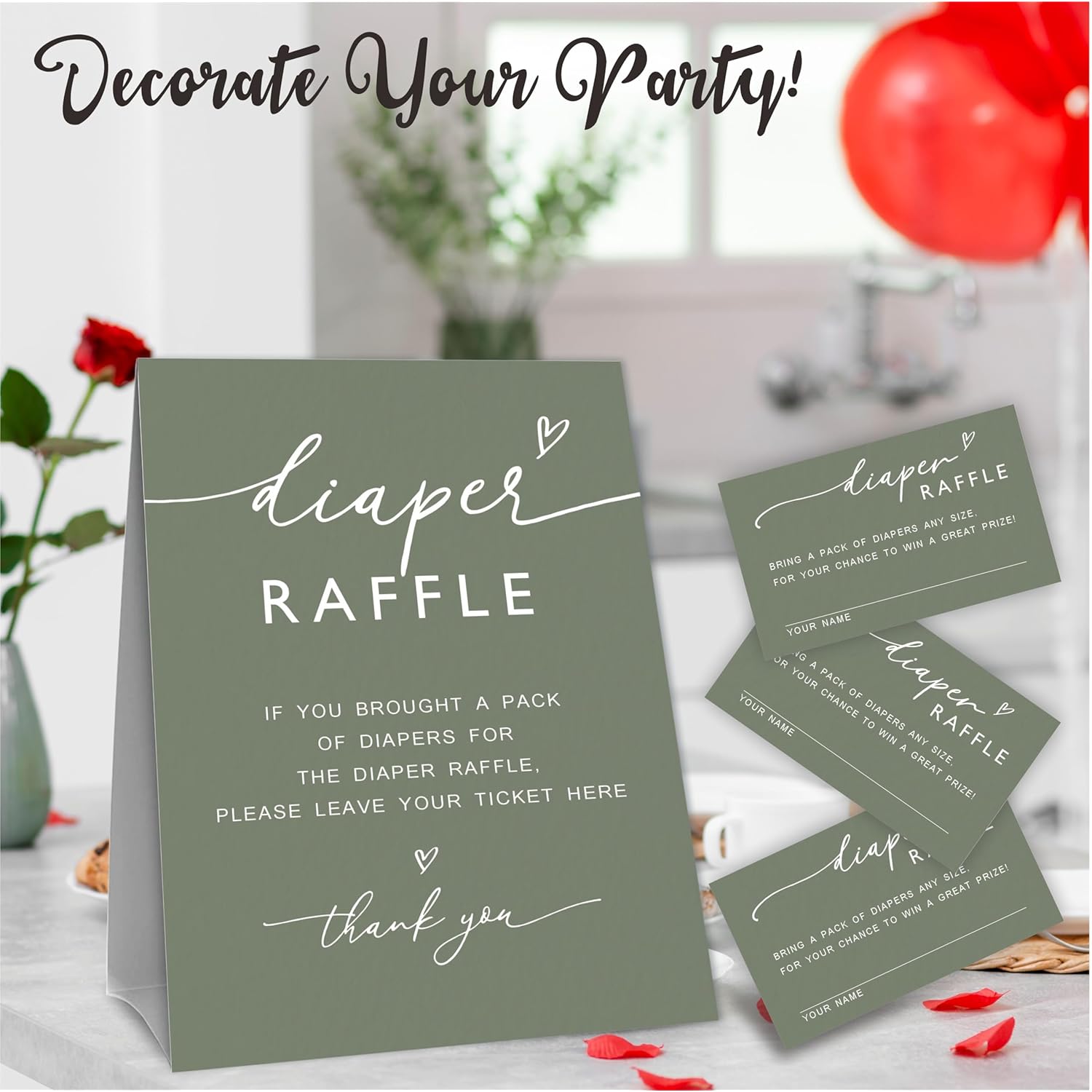 Baby Shower Diaper Raffle Game Kit, 50 Pieces Dark Green Tickets & 1 Standing Sign, Decoration For Baby Shower, Gender Reveal, Baby Announcement, Party Favor & Decorations - A08