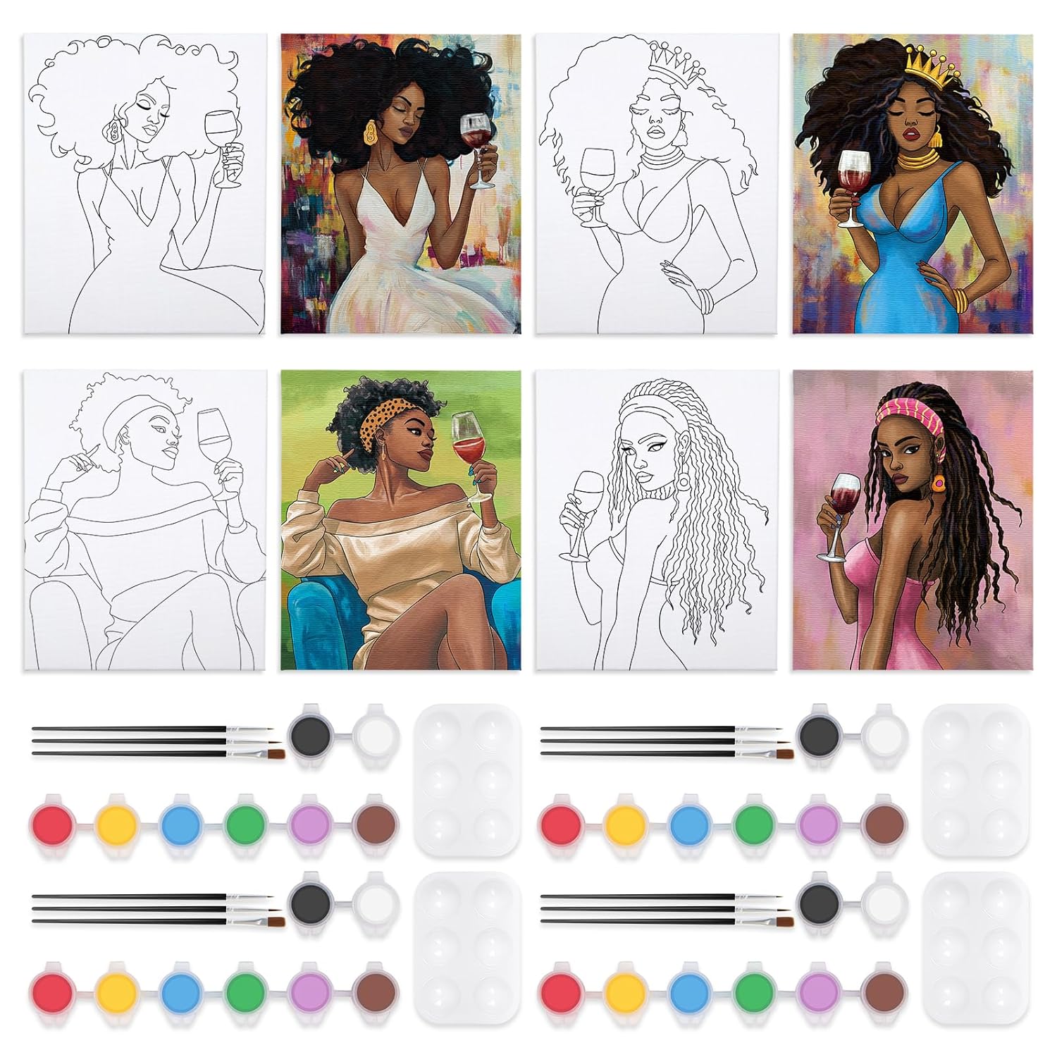 4 Pack Sip And Paint Kit For Adults,Pre Drawn Canvas For Painting Party Supplies Girls Night Games Couples Paint Art Set Sip Girl 8X10 In