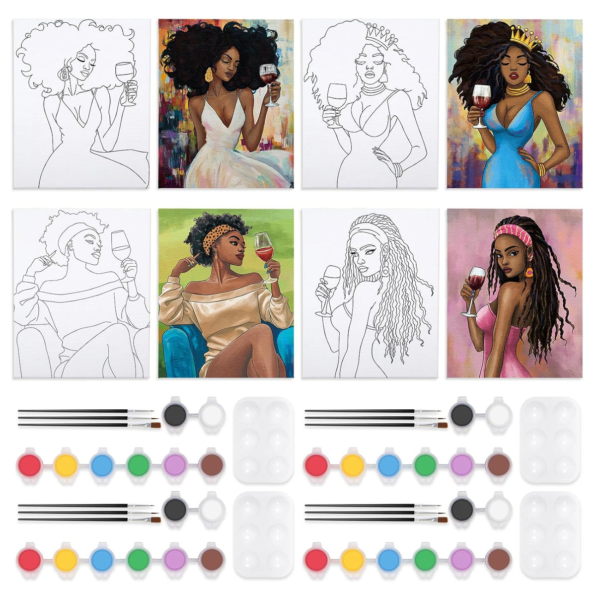 4 Pack Sip And Paint Kit For Adults,Pre Drawn Canvas For Painting Party Supplies Girls Night Games Couples Paint Art Set Sip Girl 8X10 In