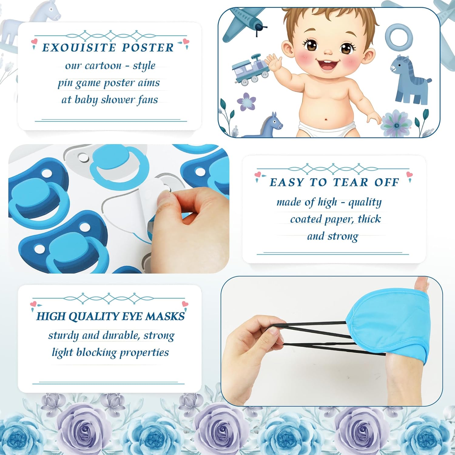 Pin The Pacifier On The Baby Game Include Large Poster 24Pcs Pacifier Stickers Blindfold Set Family Interaction Game For Blue Baby Shower Birthday Party