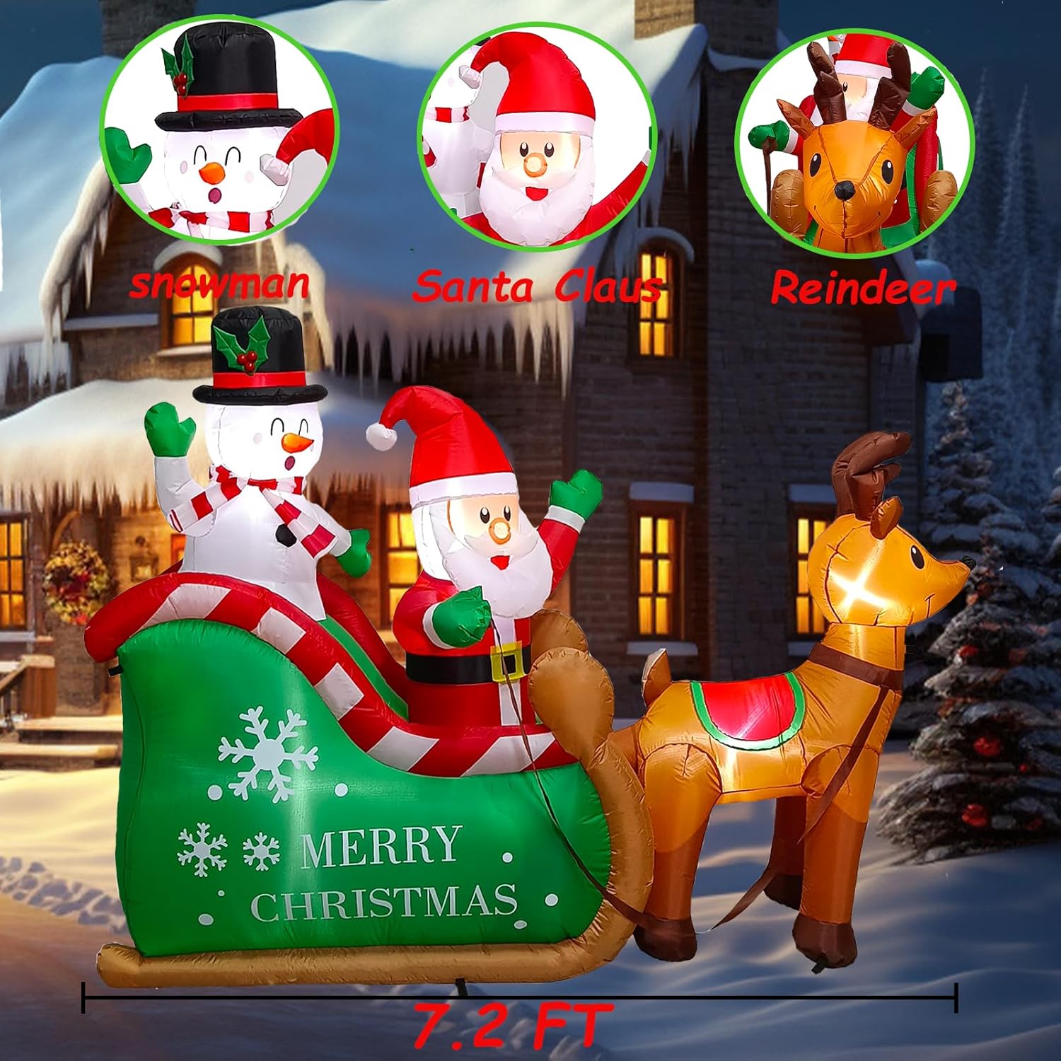 7.2 Ft Long Christmas Inflatables Santa Claus On Sleigh With Snowman & Reindeer, Leds Build-In Blow Up Christmas Yard In