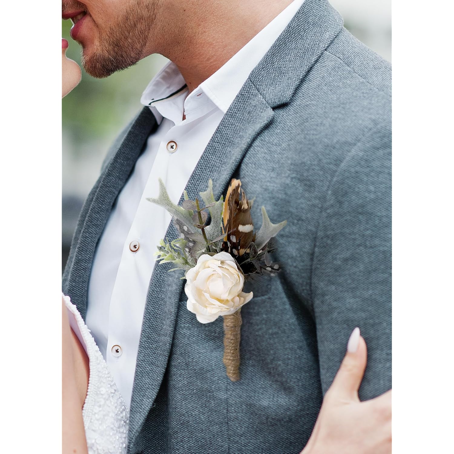 Rose Boutonniere For Men - Prom Boutonniere For Wedding Feather Rustic Boutonnieres For Groom Boho Corsage For Groomsmen Anniversary Formal Dinner Party Ceremony Celebration