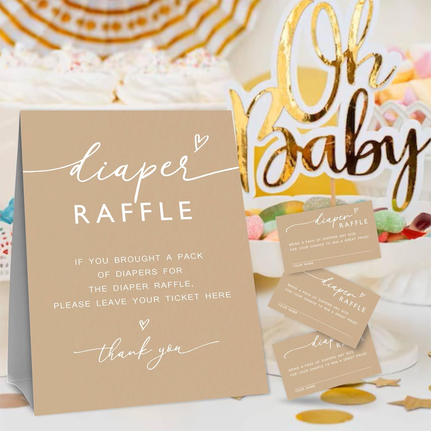 Minimalism Brown Diaper Raffle Game Kit For Baby Shower - 1 Standing Sign & 50 Tickets, Decorations For Gender Reveal, Neutral Announcement, Party Favor & Supplies -A06