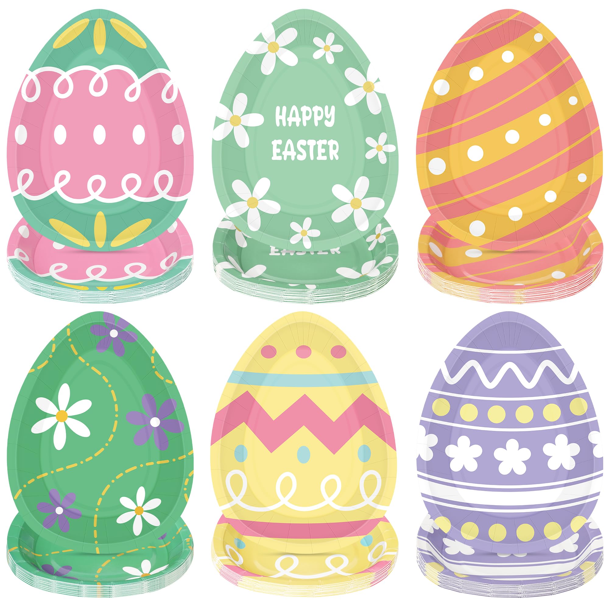 50 Pcs Easter Egg Shaped Paper Plates, 5.43 X 7.48 Inch Spring Dessert Plates Easter Decorations, 6 Designs Egg Shape Tableware, Disposable Bunny Party Table Decor Supplies for Spring Dinnerware