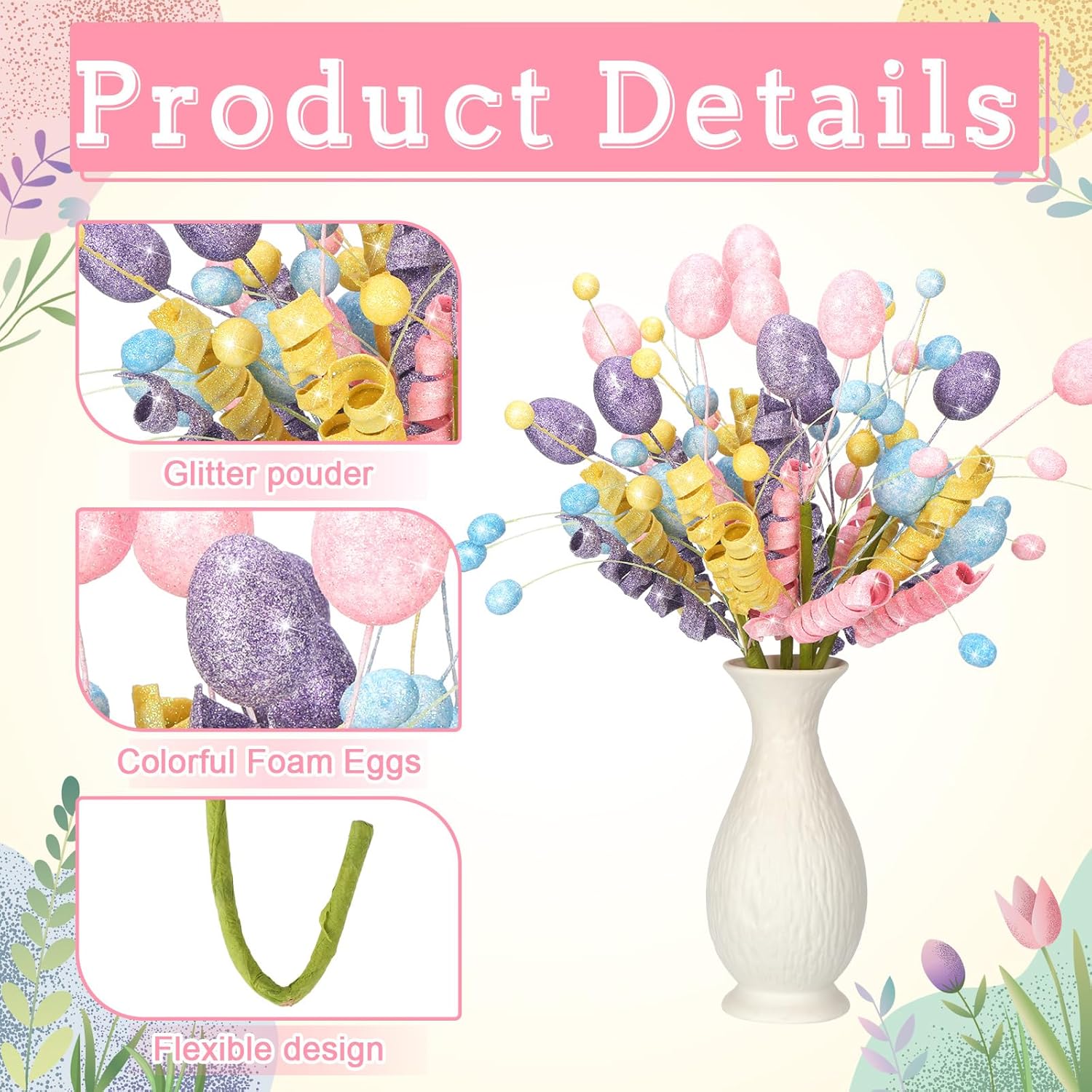 6 Pcs Easter Picks Decoration 15.7 Inch Egg Flower Picks Easter Egg Tree Branches Artificial Twig Branch Arrangement Centerpiece Celebration Home Vase Decor Blossom Branches For Spring