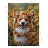 Charming Corgi With Flowers Greeting Card - Blank Inside For Personalized Messages, Premium Cardstock, Invitation Style White Envelope, Unique Artwork, Made By Small Business In Usa