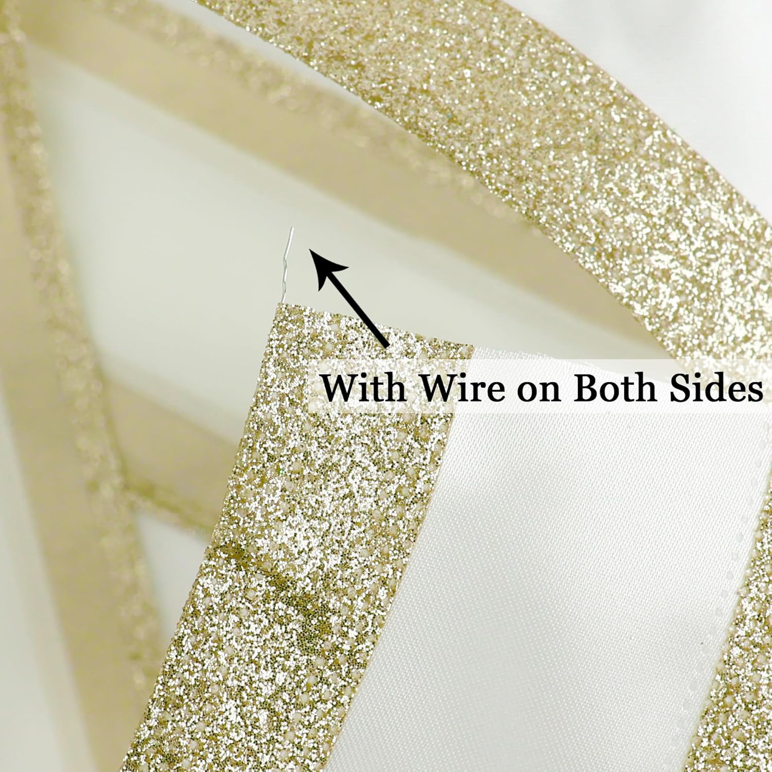 Gold Wired Satin Ribbon With Glitter Stripe Edges 2.5 Inch, Gold And White Christmas Ribbon For Tree, Bows Making, Wreath Supplies, Gift Wrapping Garland, Home Decor, Crafts -10 Yards