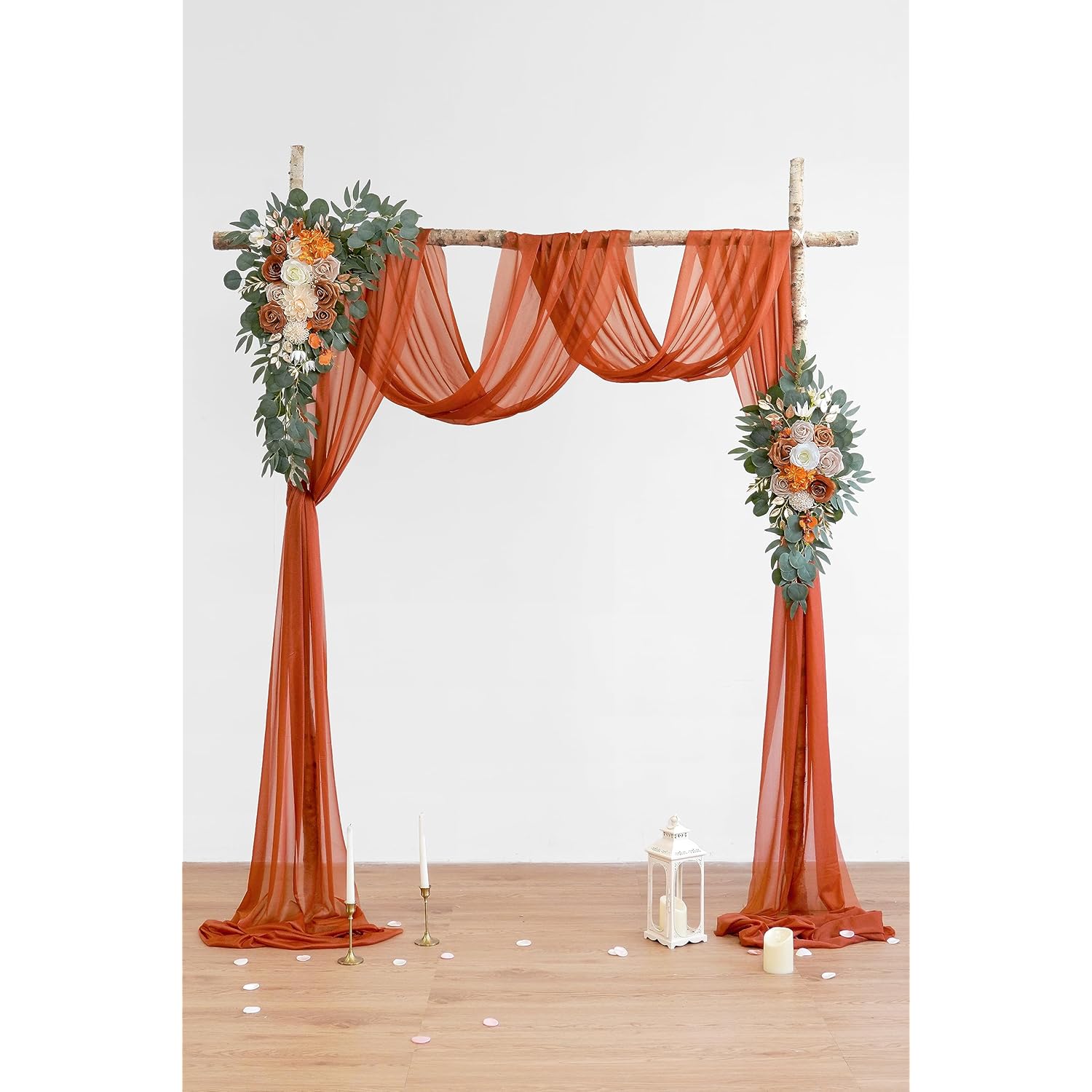 Burnt Orange Artificial Wedding Arch Flowers Kit (Pack Of 3) With 26Ft Terracotta Shiny Arch Draping Fabric For Diy Wedding Party Ceremony Reception Backdrop Floral Decoration