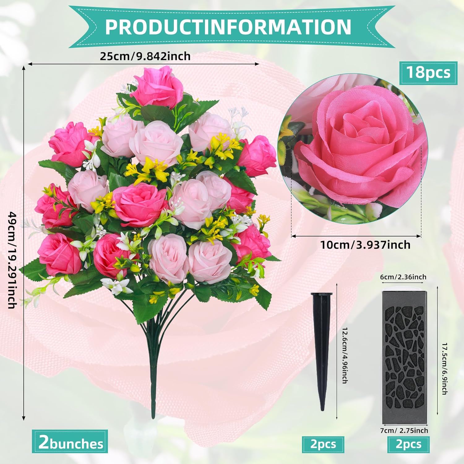 4 Sets Artificial Cemetery Flowers, Memorial Flowers Bouquet With Cemetery Vase,Artificial Rose Bouquet Graveyard Memorial Flowers For Graveyard Headstones Decoration (4, Powder Red)