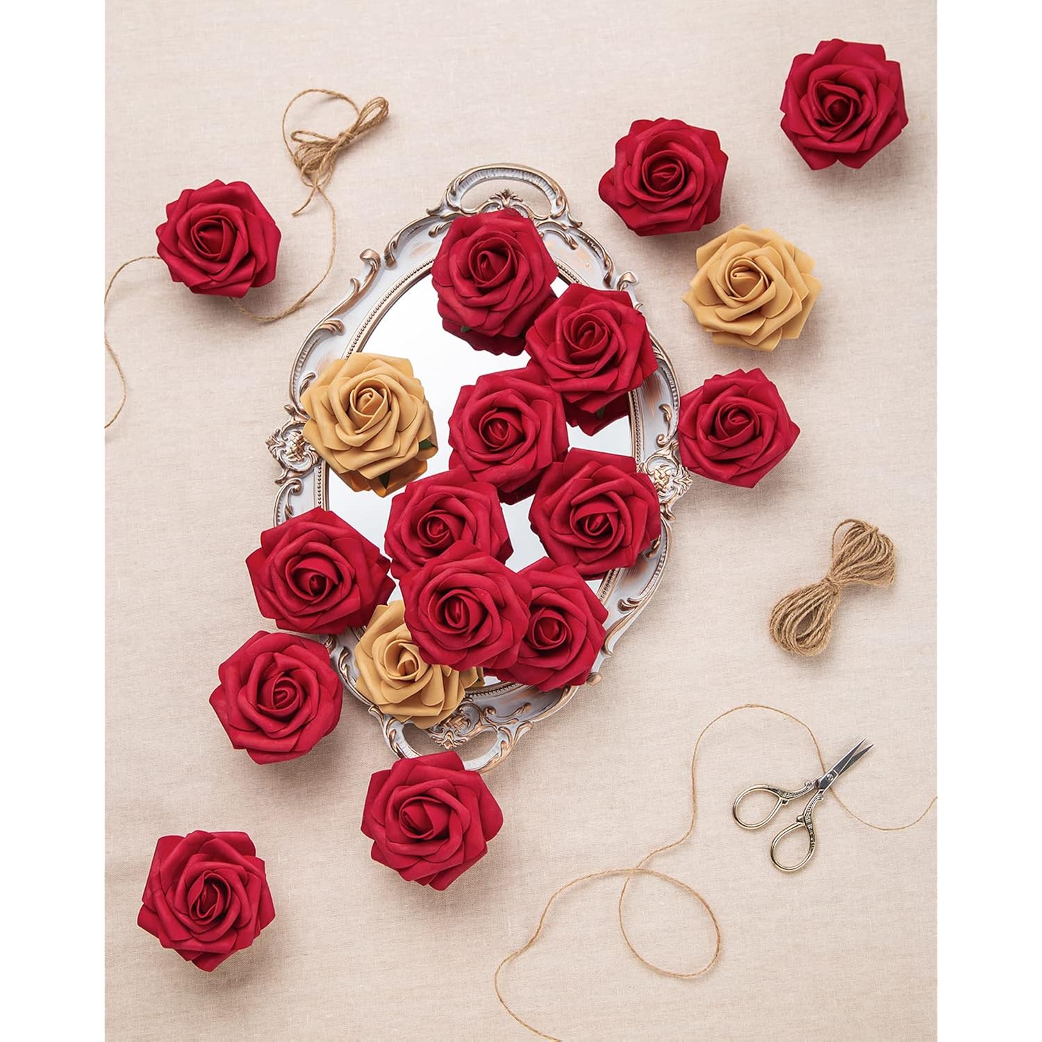 25Pcs Artificial Roses Flowers Fake Roses With Stems Real Touch Foam Flowers For Diy Wedding Bouquet Party Centerpiece Floral Arrangement Party Home Decor(Dark Red)