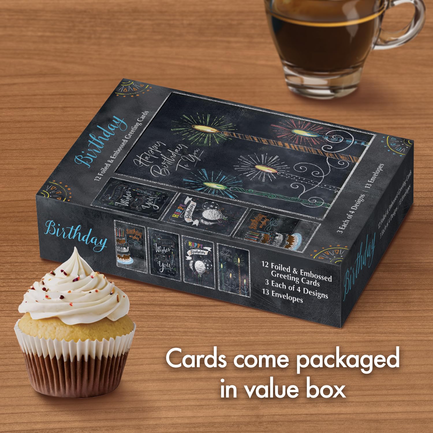 Boxed Birthday Cards Assortment, Chalkboard Wishes — Set Of 12 Fun Chalkboard-Style Greeting Cards With Envelopes – 5” X 7” – 4 Assorted Designs