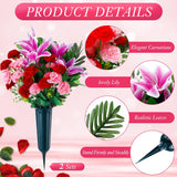 Set Of 2 Father'S Day Cemetery Flowers With Grave Vase Memorial Artificial Flower Bouquet Carnation Lily Flower Arrangement For Dad Headstones Graveyard Tombstone Decor(Purple Lily)