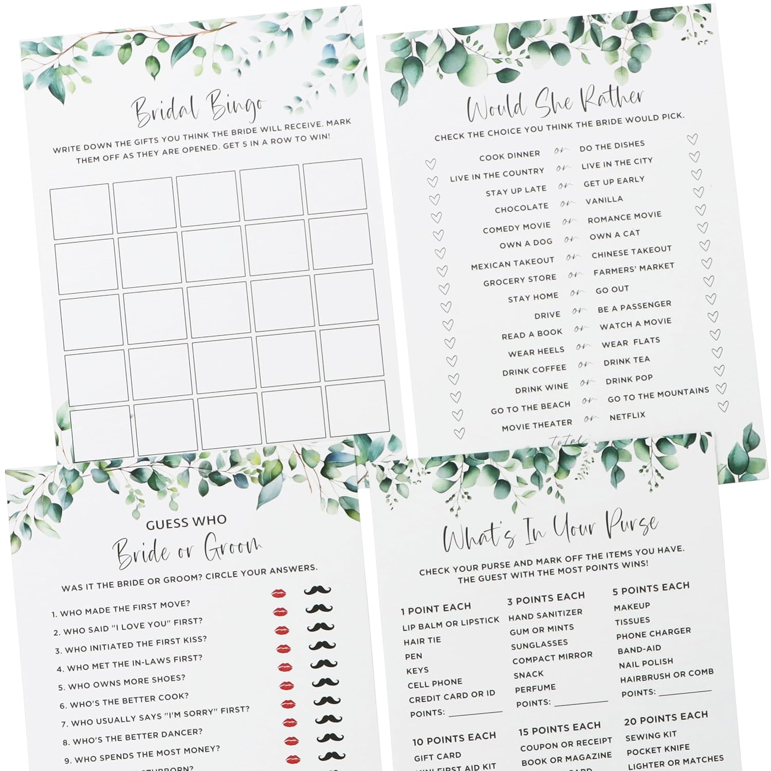 Eucalyptus Bridal Shower Games 30 Guests, Includes Would She Rather, Bridal Bingo, What'S In Your Purse, And Guess Who Bride Or Groom