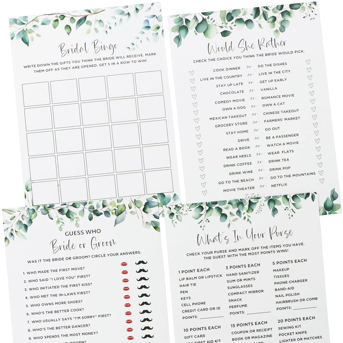Eucalyptus Bridal Shower Games 30 Guests, Includes Would She Rather, Bridal Bingo, What'S In Your Purse, And Guess Who Bride Or Groom