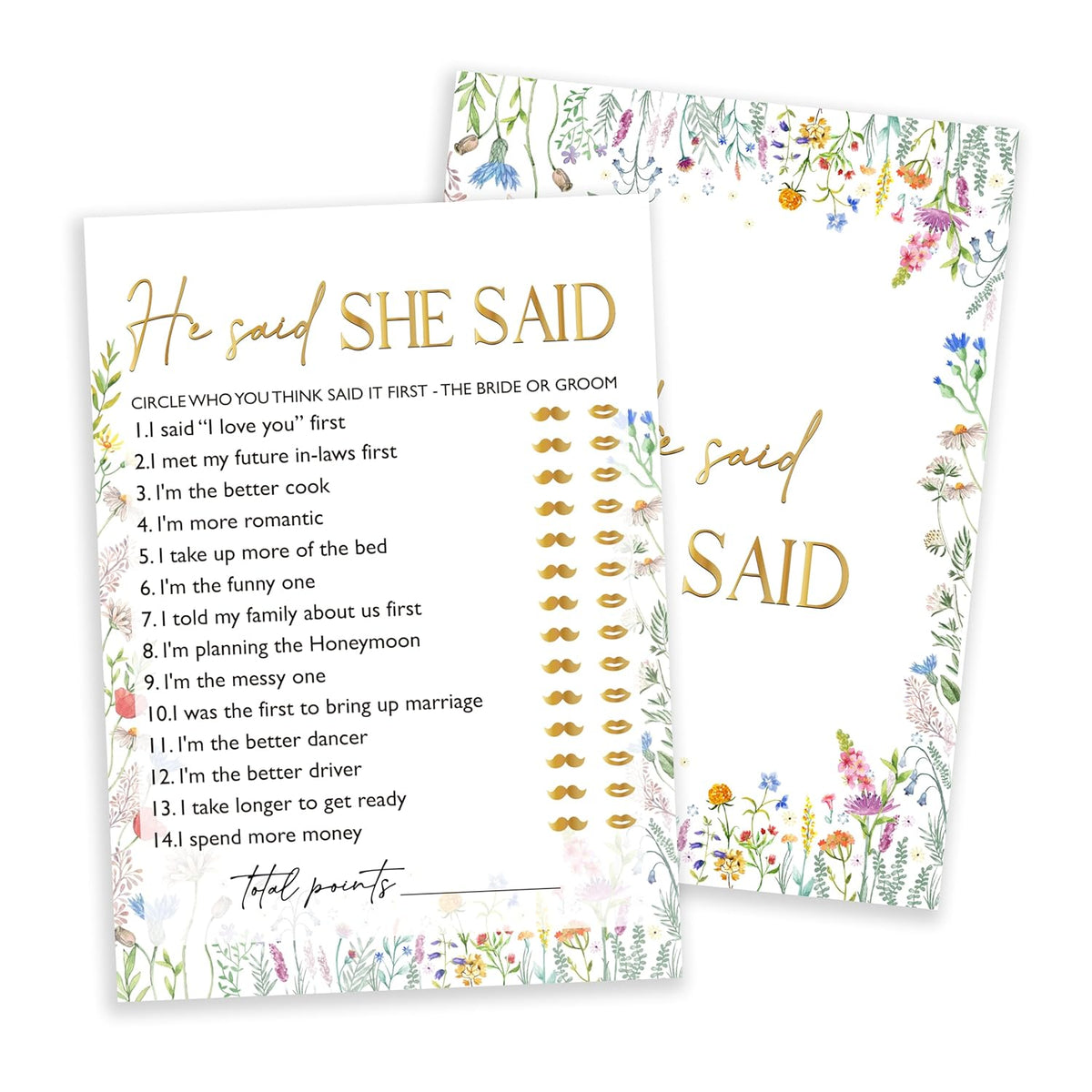 Wildflowers Games Cards, Wedding Shower Games Set, He Said She Said Bridal Shower Game, Spring Flower Themed Bachelorette Party Game, Engagement Party Decorations Supplies, Set Of 25 Cards-02