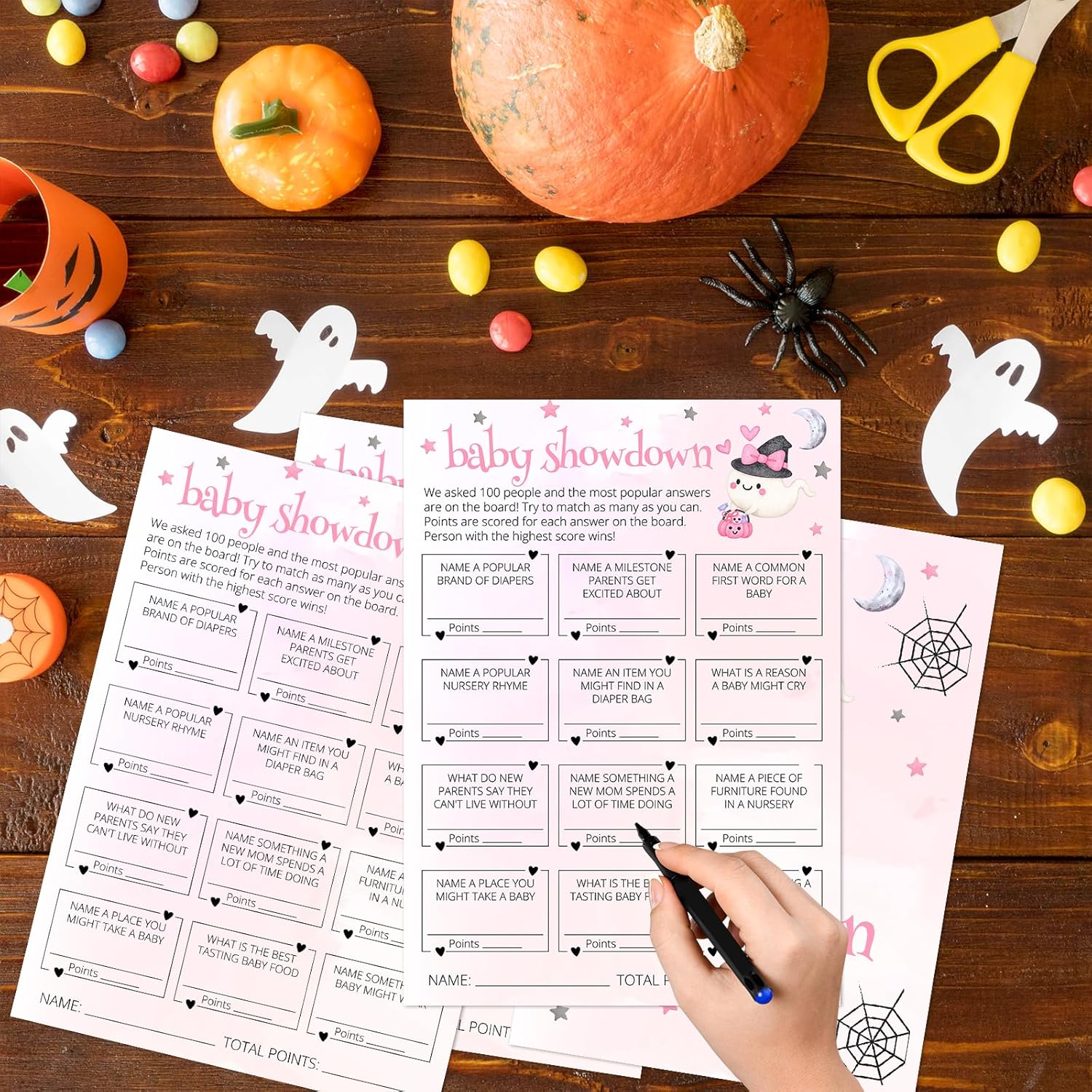 Hilarious Baby Shower Games, 25 Sets Halloween Baby Showdown + Answer Card, Pink Ghost Gender Reveal Game Cards For Party Announcement Supplies - A10