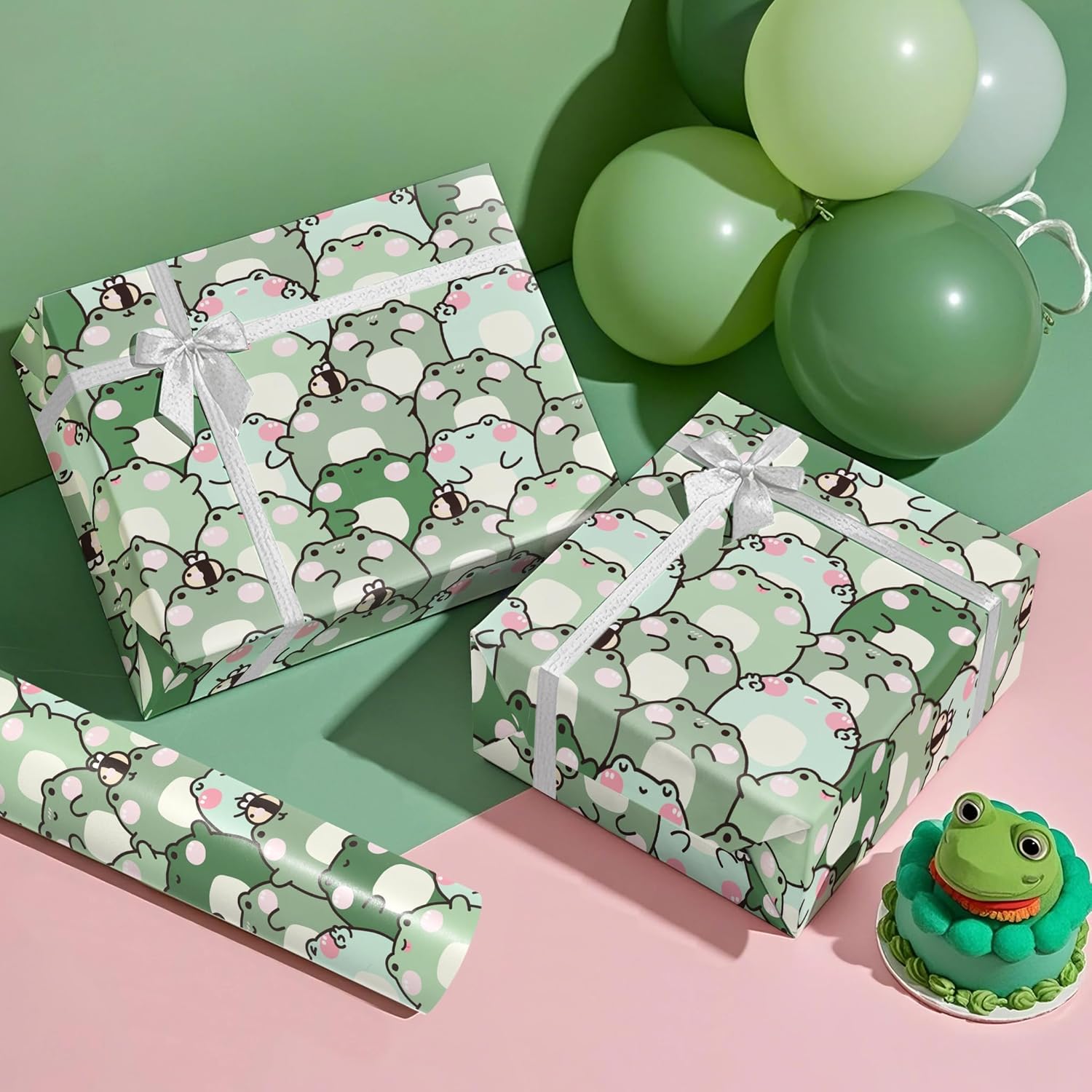 Frog Wrapping Paper Roll - Mini Roll - 17 Inch X 16.5 Feet - Cute Chubby Frog Animal Wrapping Paper Perfect For Kids Boy Girl Birthday, Baby Shower