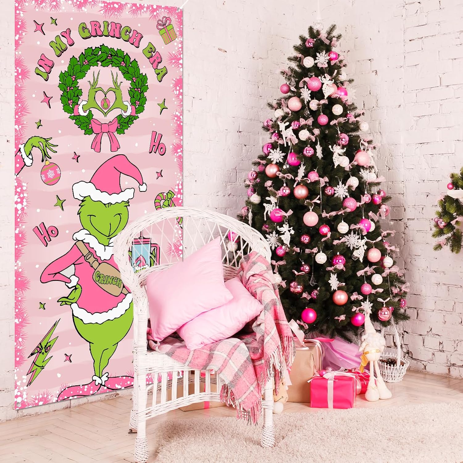 Pink Christmas Banner Door Cover Christmas Door Decorations For Merry Holiday Porch Birthday Party Bridal Shower Supplies 35 * 70 Inch