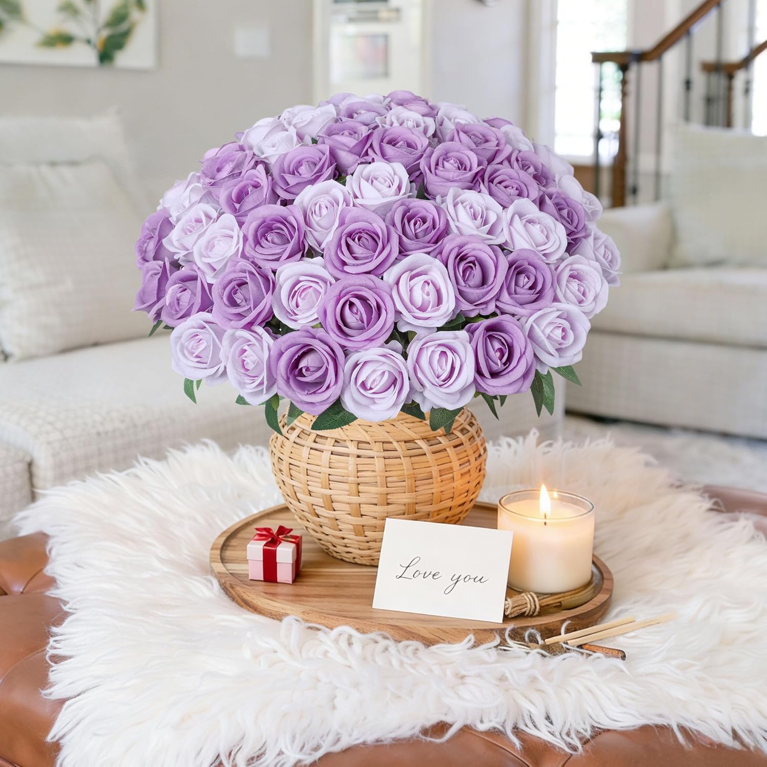 50 Pcs Purple Roses Artificial Flowers, Fake Roses With Stem Realistic Silk Roses For Diy Wedding Bouquets Table Centerpieces Arrangements Baby Shower Birthday Home Decor Valentine'S Day Gift For Her
