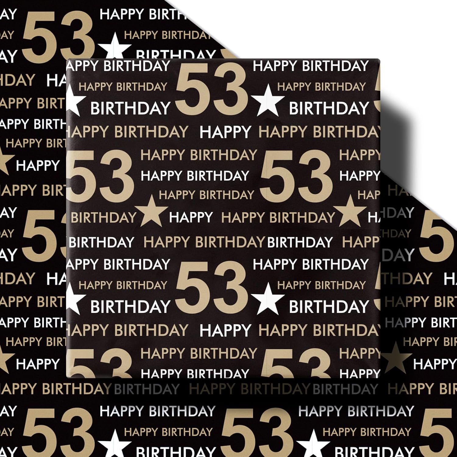53Rd Birthday Wrapping Paper Roll, Min Roll, Black Gold Design With Stars And Happy Birthday Gift Wrap Paper For Age 53 Men, Women, 53Rd Birthday Party Celebrations, 17 Inches X 16.4 Feet