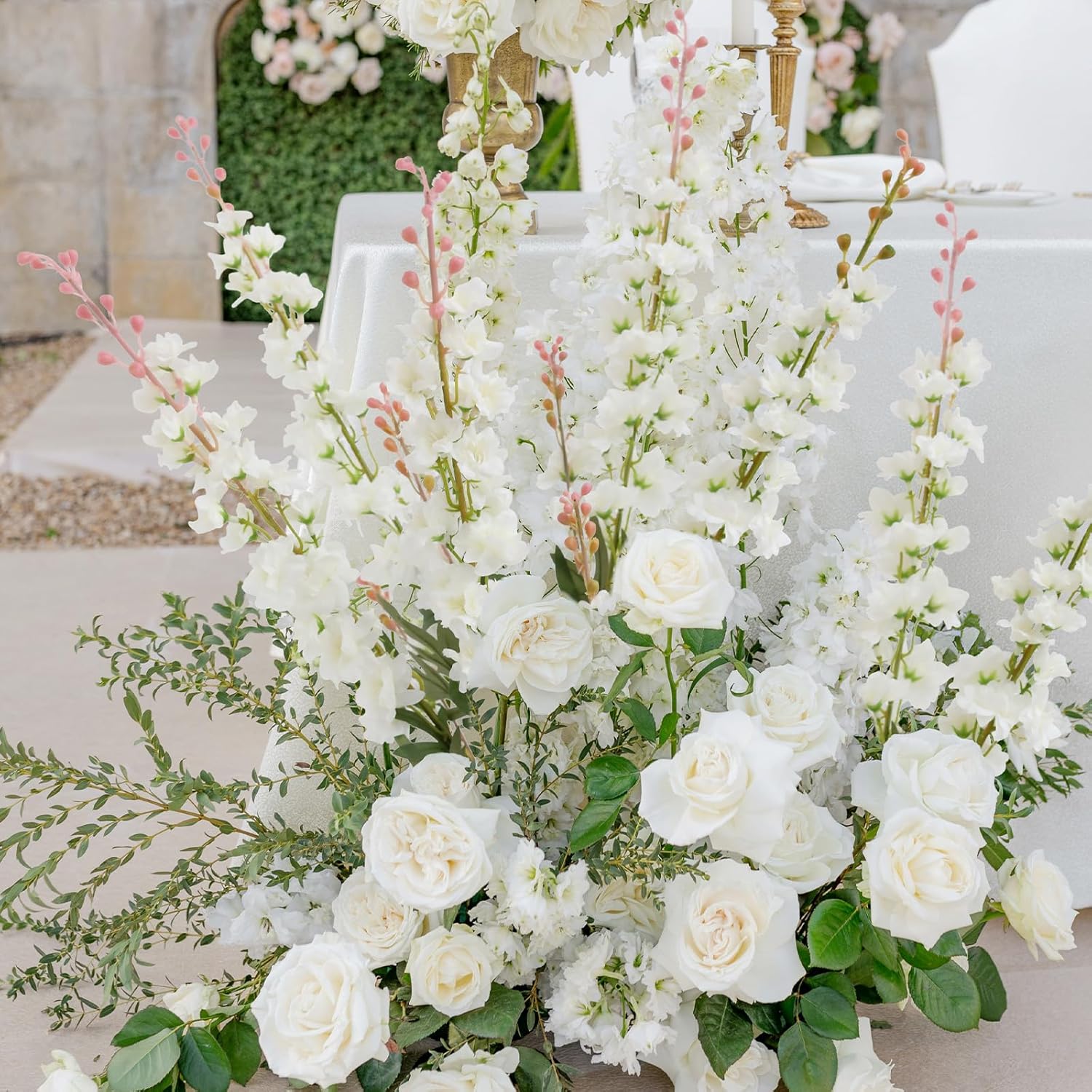 6Pcs White Delphinium Artificial Flowers, Long Stem Faux Larkspur Silk Flowers, 33.5" Bendable Fake Flowers Bouquets For Tall Vase Table Kitchen Home Offices Garden Wedding Decor