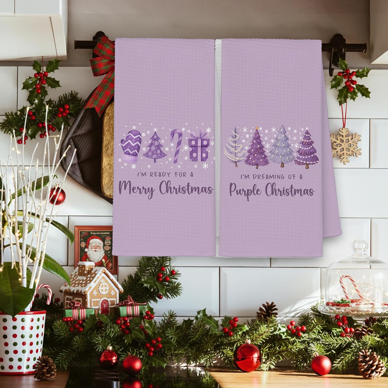 Purple Christmas Tree Kitchen Towels Set Of 2, I'M Dreaming Of A Purple Christmas Hand Bathroom Towels For Girly Room, Festive Preppy Decorative Dish Towels Decor For Dorm Dining Room 16X24In