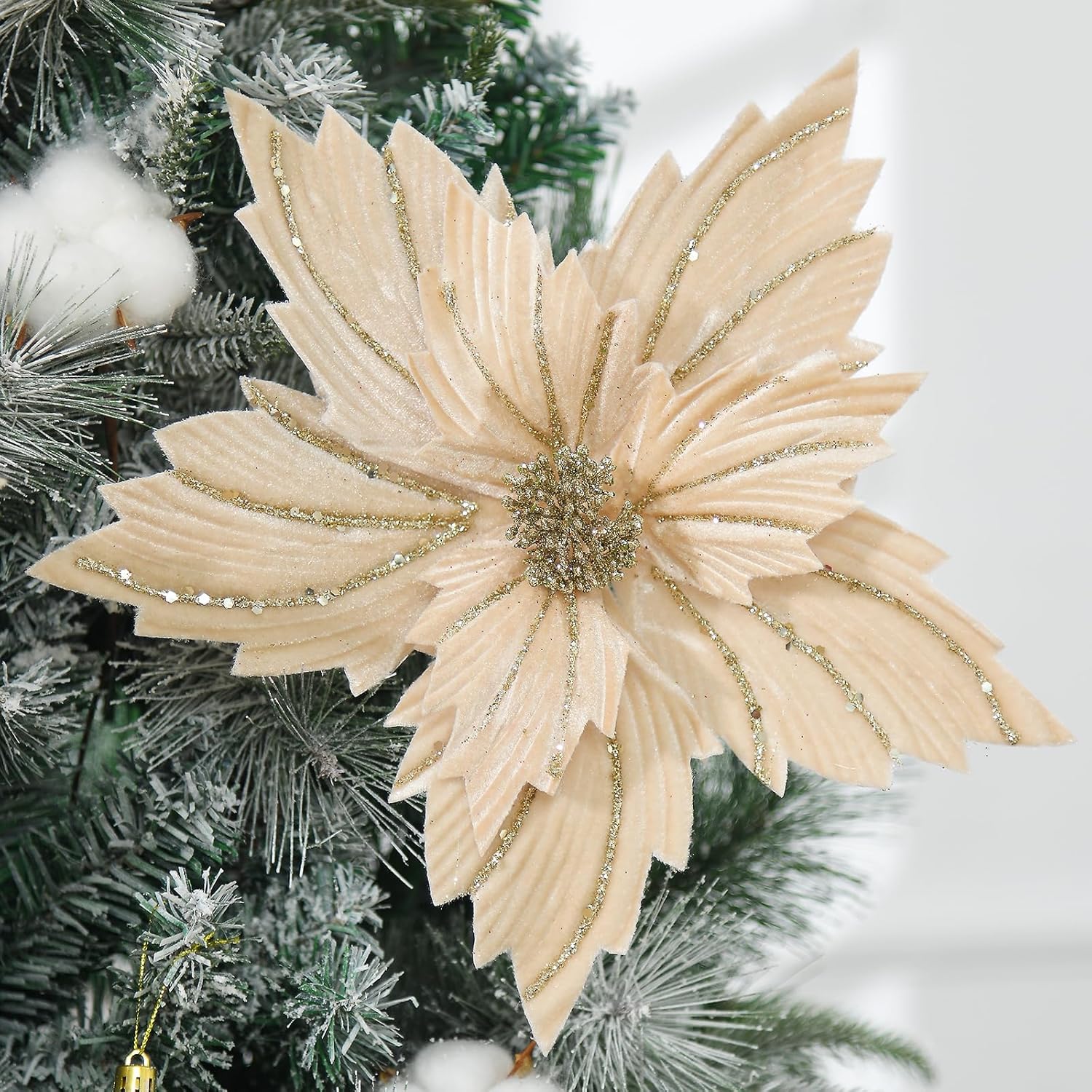 6 Pcs 12" Large Glitter Poinsettia Artificial Christmas Flowers With Stems Xmas Tree Wreath Ornaments New Year Home Wedding Party Decor (Champagne)