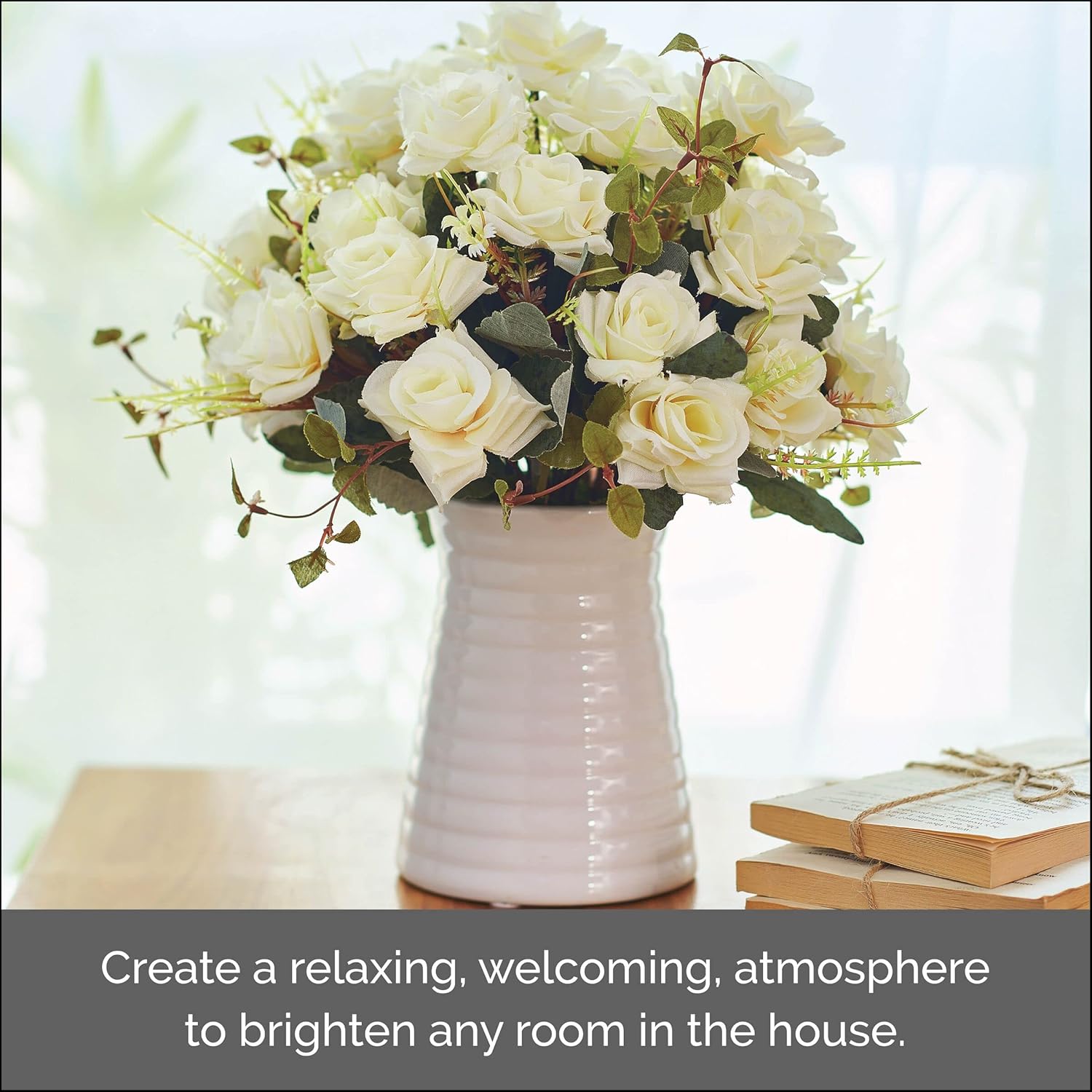 Elements Artificial Flowers in Vase 21 Rose Flower Arrangement Fake Faux Flower Bouquet for Holiday Dinning Room Table Kitchen Decoration, 9.25 x 9.25 x 12.5 Inch, White