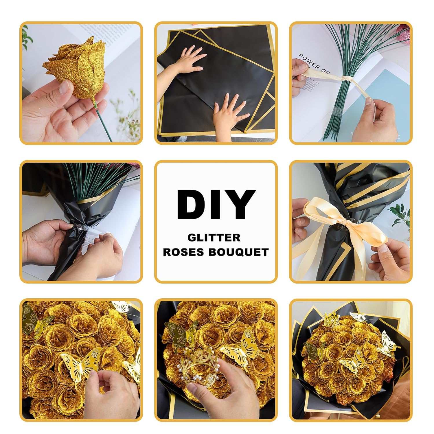 Diy Glitter Roses Bouquet Kit Gold- 24 Fake Shiny Flowers With Stems Butterfly Crown Eternal Floral For Graduation Handmade Wedding Bouquet Anniversary Birthday Gift, Mother'S Day Gifts For Her