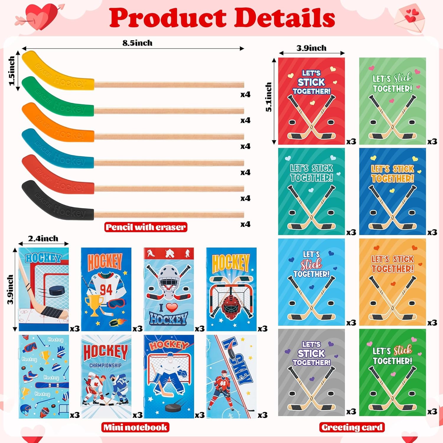 Valentine’S Day Hockey Exchange Gifts - 24 Set Sport Theme Hockey Greeting Cards With Pencil And Eraser For Kids Mini Notebooks Giveaways For Classmates School Classroom Birthday Party Favors