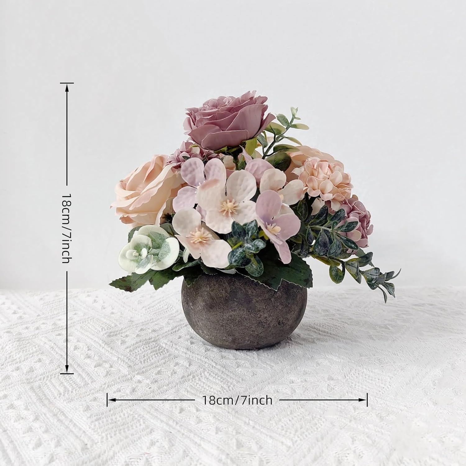 Artificial Flowers Mini Potted Plants Kit, Purple Peony Hydrangea Greenery + Paper Pulp Round Vase, Small Fake Plant Potted Decor For Offices, Bookshelf, Bedroom, Living Room, Party, Wedding