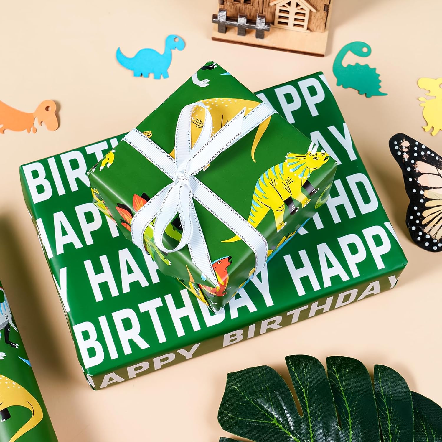 Reversible Dinosaur Wrapping Paper - Mini Roll - 17 Inch X 16.5 Feet - Green Dinosaur And Happy Birthday Wrapping Paper For Girl Kids Boy Birthday, Baby Shower