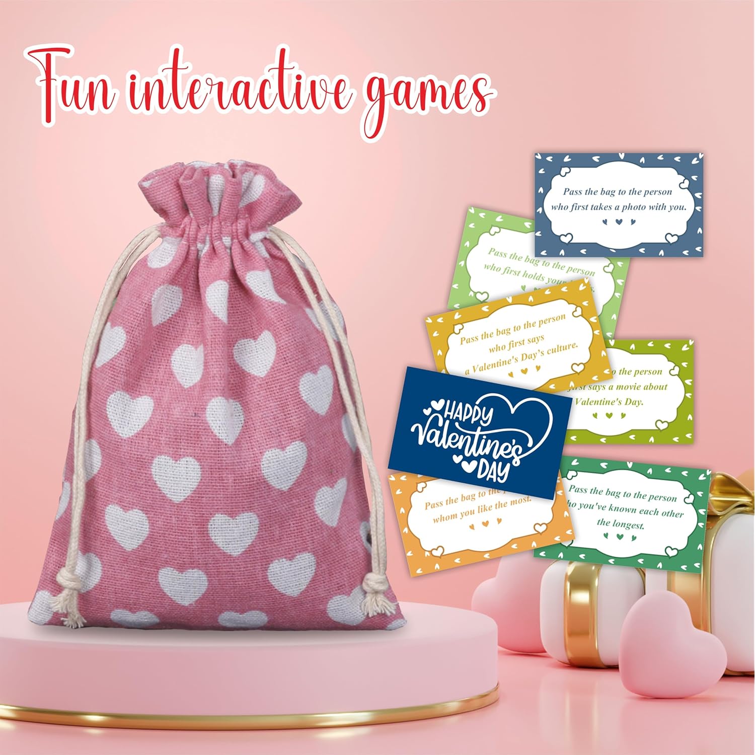 Valentine'S Day Pass The Bag Game - 44 Game Cards & 1 Pink Pass Bag With Heart Design - Valentines Group Activity & Gathering Prize Game, Party Game - Home & Office Party Favor - A04