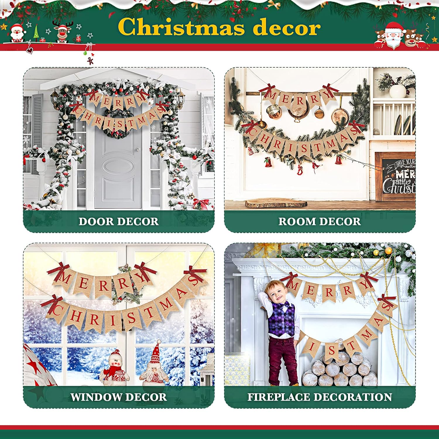 Merry Christmas Banner Xmas Burlap Bunting Garland Christmas Decorations For Fireplace Chimney Wall Tree Party Indoor Outdoor Party Office Classroom(Flaxen)