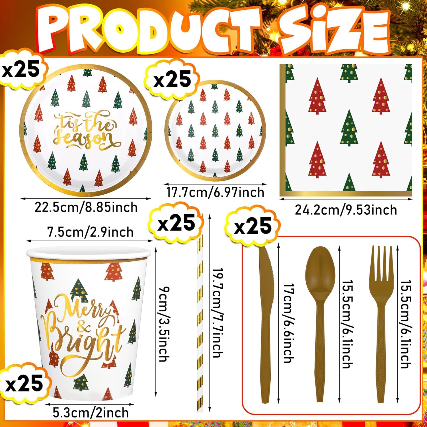 202 Pcs Christmas Party Supplies Merry Bright Banner Xmas Tree Print Paper Plates Napkins Cups Straws Knives Forks Disposable Christmas Dinnerware Set Serves 25 Guests Xmas Holiday Decorations