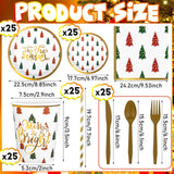 202 Pcs Christmas Party Supplies Merry Bright Banner Xmas Tree Print Paper Plates Napkins Cups Straws Knives Forks Disposable Christmas Dinnerware Set Serves 25 Guests Xmas Holiday Decorations